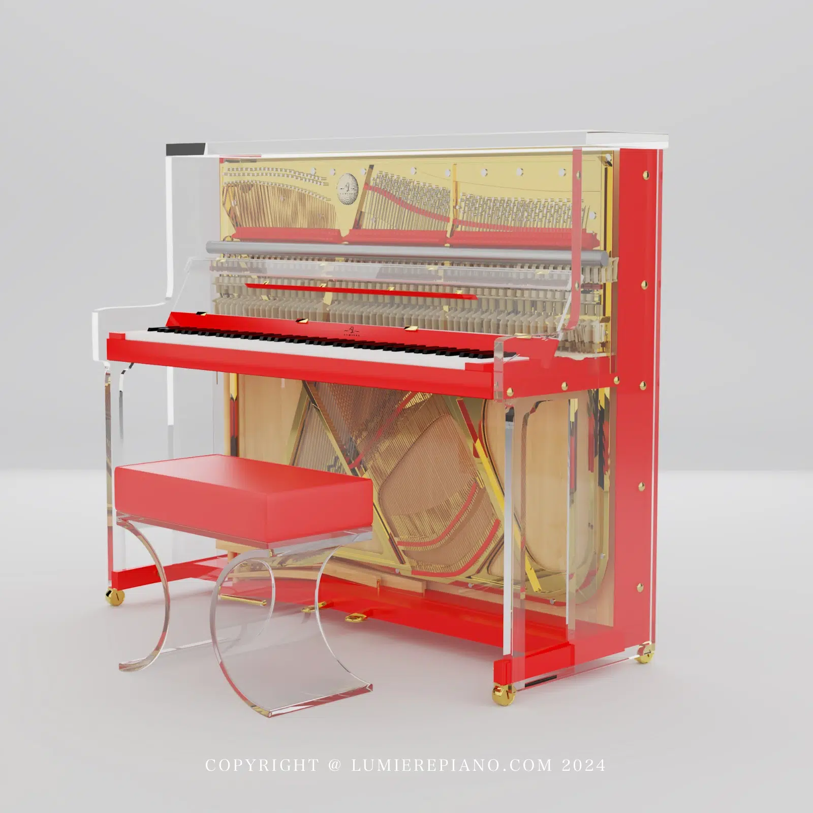 Lumiere crystal upright piano red with gold_01