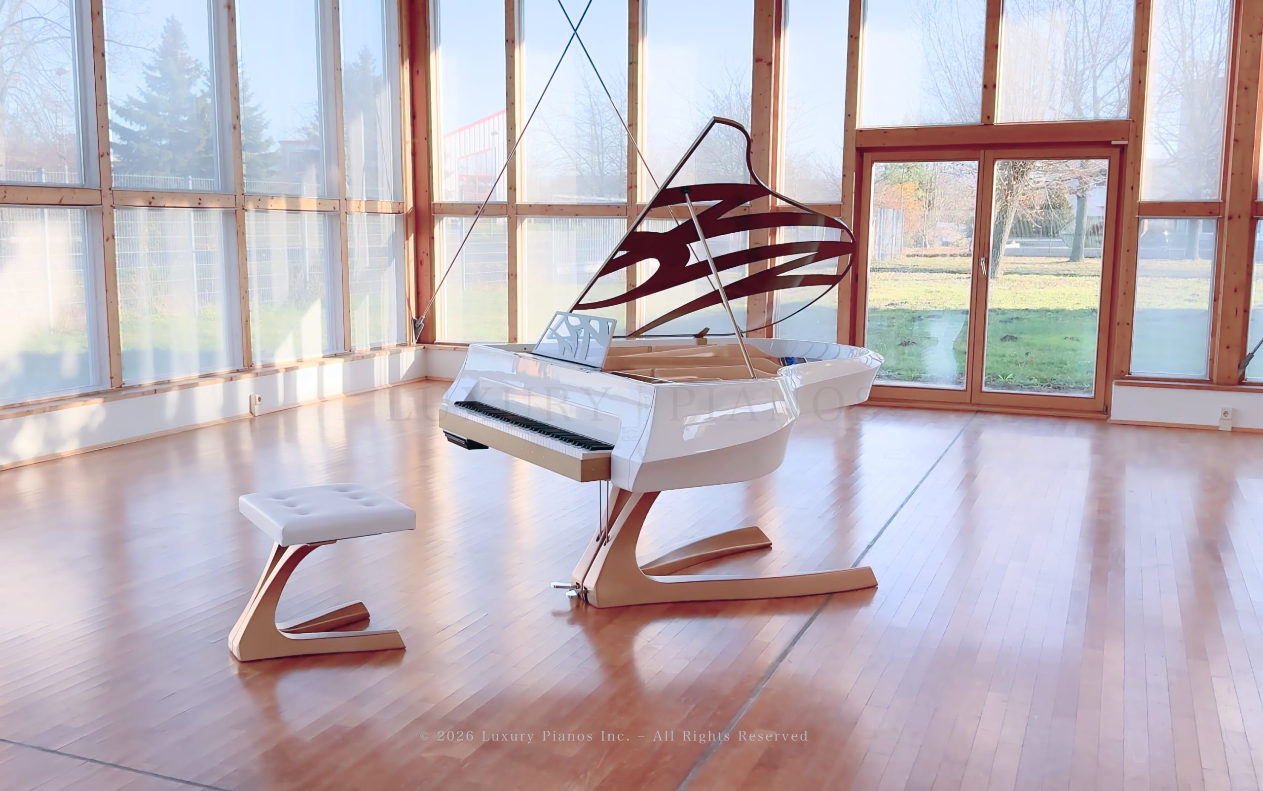 White and gold Lucid Enzo luxury grand piano